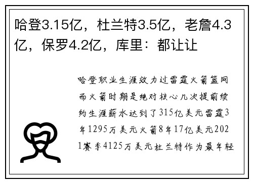 哈登3.15亿，杜兰特3.5亿，老詹4.3亿，保罗4.2亿，库里：都让让